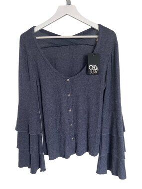 Chaser Navy Blue Bell Sleeve Blouse Ribbed Button Front
